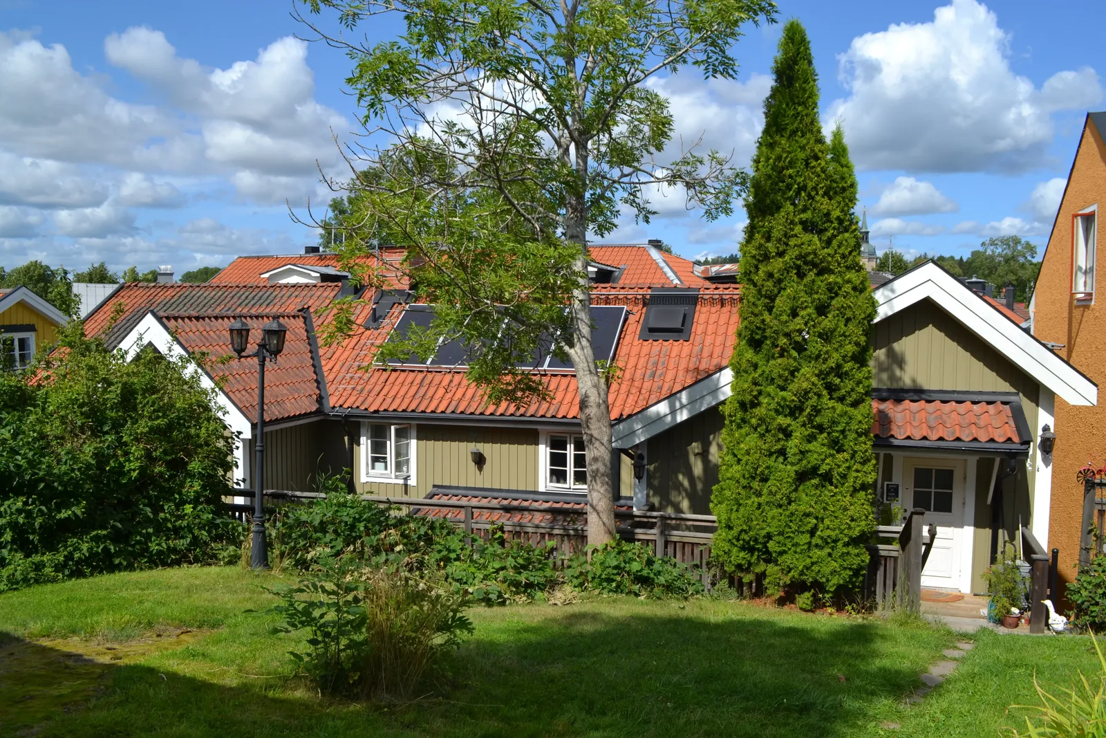 Gräsyta med ett stort träd och en hög, smal tuja framför hus med tegeltak och en gatlykta.